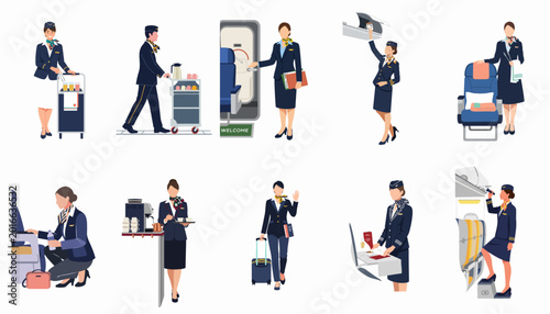Fotografi Vector illustrations of flight attendants and cabin crew performing various inflight duties and services, isolated on a white background