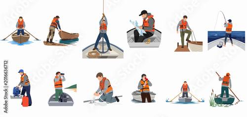 Photos Illustration set of various boating activities featuring a man in a life jacket, including rowing, fishing, navigating, and operating an outboard motor