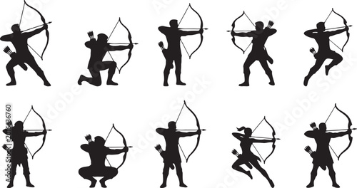 Photography Fantasy Archer Bow Aiming and Shooting Action Silhouette Icons.