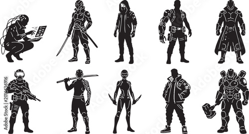 Картината върху платно Futuristic Cyberpunk Character Standing Poses Silhouette Vector Pack