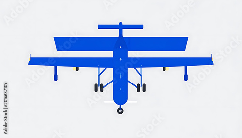Top down view of a bright blue drone aircraft with yellow accents on a plain white background, aviation transport concept
