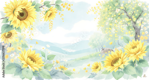 Watercolor painting of sunflowers and a serene landscape with a tree.