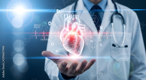 Heart disease and vascular disorder preventive concept. Cardiologist doctor hold colorful heart and examine patient heart functions