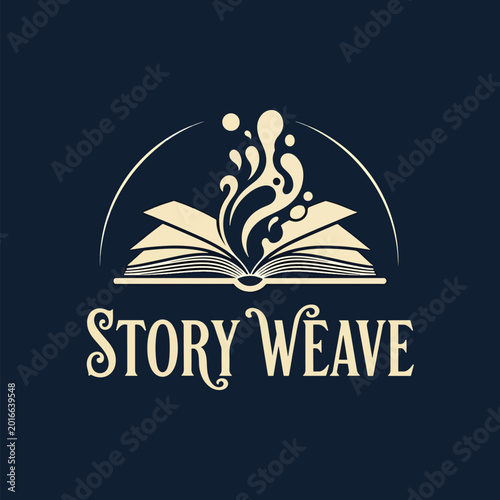 Elegant Story Weave Logo Featuring an Open Book with Magical Fluid Elements.