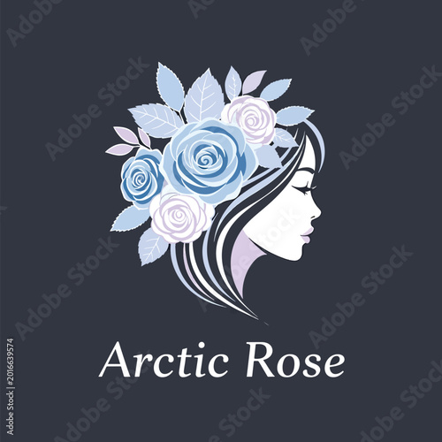 Elegant stylized profile portrait of a woman adorned with blue and white roses logo.