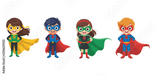 Cute superhero kids characters, cartoon boys and girls, colorful costumes, fantasy heroes, children illustration, playful adventure concept design