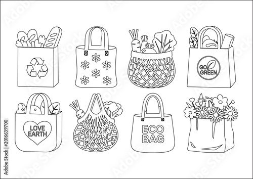 Eco shopping bag outline collection, reusable grocery tote illustration, sustainable lifestyle coloring page, environmental vector design artwork set