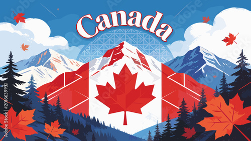 Fotografie Vibrant illustration of the Canadian flag superimposed on a majestic mountain landscape with autumn leaves