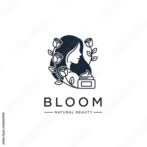 Minimalist Bloom Natural Beauty Logo Design with Woman and Roses.