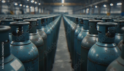Foto Rows of weathered blue industrial gas cylinders arranged in symmetrical lines inside a large, dimly lit warehouse facility