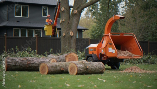 Bild auf Leinwand A professional tree removal service team works in a residential backyard, featuring a wood chipper, cut logs, and an arborist in a bucket truck