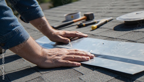 Obraz na plátně A close-up view of a professional roofer's hands installing metal flashing on a residential asphalt shingle roof during a repair