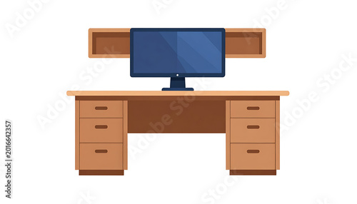 Wooden office desk with computer monitor and shelf above, flat design vector illustration for workspace setup, home office, or study environment