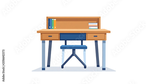 Wooden student desk with blue chair and books, isolated on white background, school or home office furniture