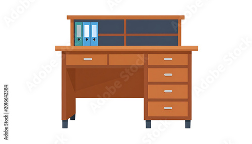 Wooden roll-top desk with drawers and shelves, featuring blue binders on top shelf, isolated on white