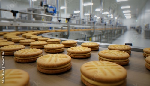 Fotografie Rows of sandwich cookies with a cream filling moving along an industrial conveyor belt in a large food manufacturing factory