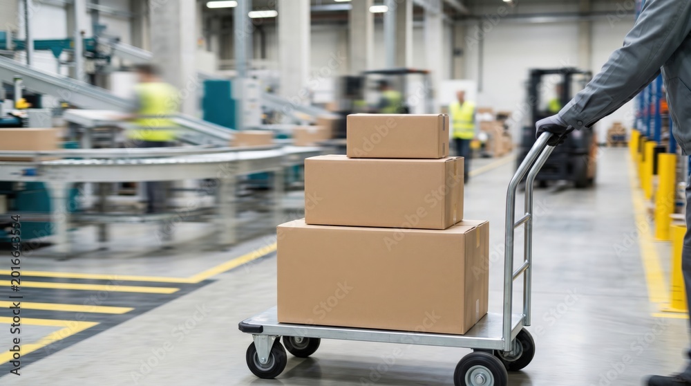 Fototapeta premium Warehouse worker pushing cart with cardboard boxes in logistics center