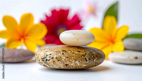 Zen balance stones stacked with vibrant yellow and fuchsia flowers, serene spa and wellness atmosphere, harmony and meditation