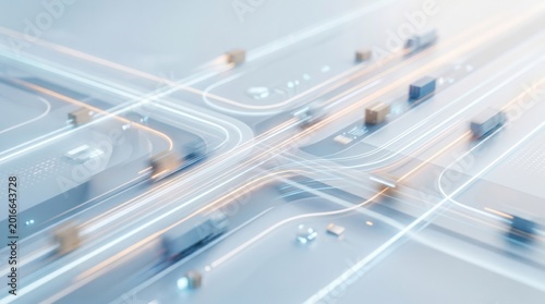Abstract Logistics Supply Chain Network with Glowing Digital Freight Trucks and Data Flow Lines