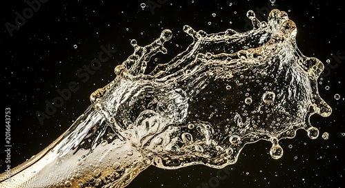 Champagne splash captured in motion with bubbles and dark background