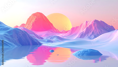 Pixelated alien landscape with vibrant pink and blue mountains reflecting in a calm water body, under a large yellow sun and hazy sky, serene and surreal environment