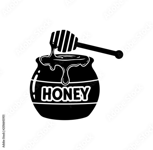 Black and White Honey Pot with Dipper Silhouette Vector Illustration