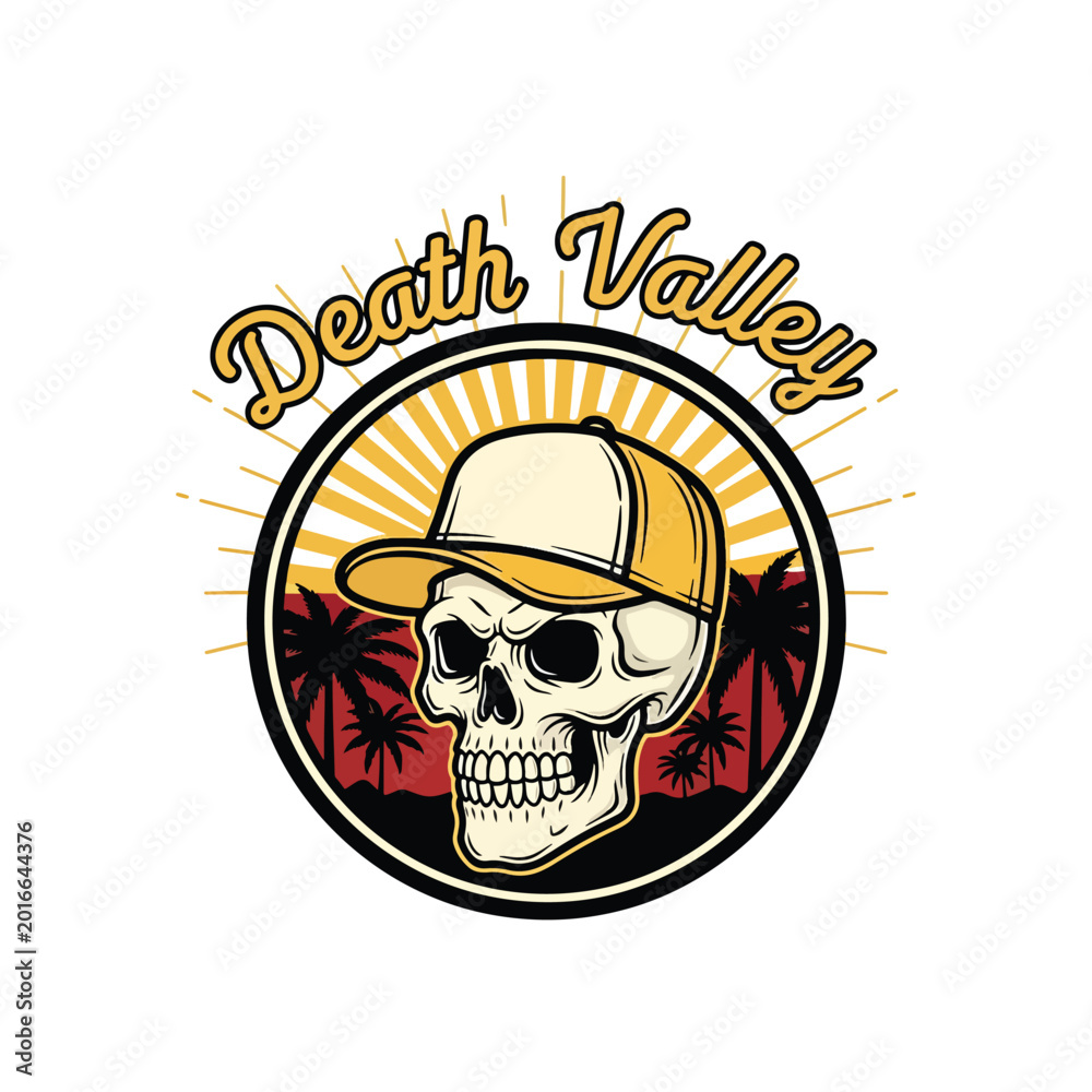 Fototapeta premium Vintage style skull wearing a baseball cap emblem design.