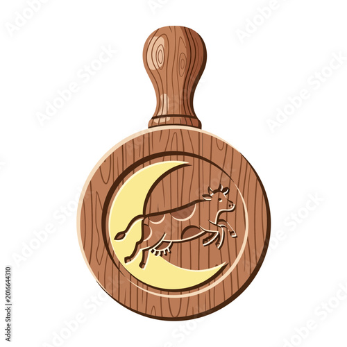 Cow jumping over moon icon on wooden board, simple illustration