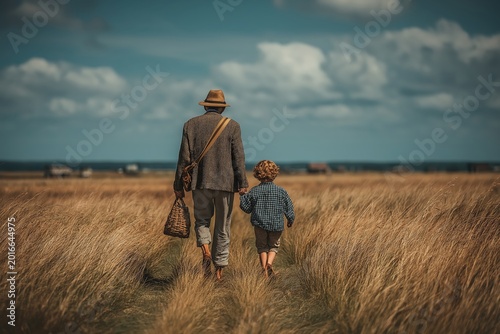 An older man and a young boy walk hand-in-hand through a tall grassy field under a cloudy sky.