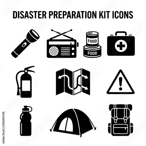 Essential Disaster Preparedness Kit Icons Representing Safety and Survival.