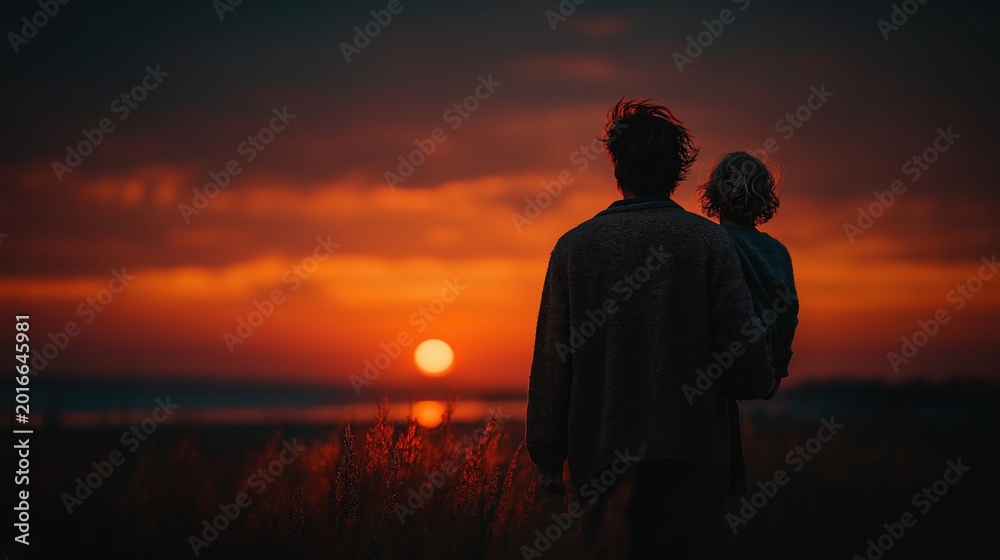 Fototapeta premium A person holding a child watches a vivid sunset over a field, creating a serene and intimate moment at dusk.