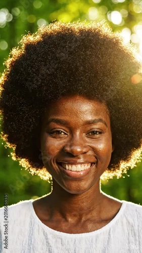 Beautiful black woman smiling in nature with sunlight rays reflecting in light positive and inspiring atmosphere