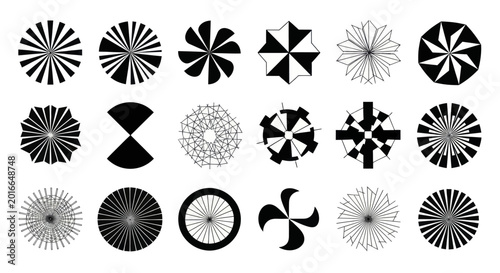 Abstract geometric shapes collection with various radial and circular patterns.