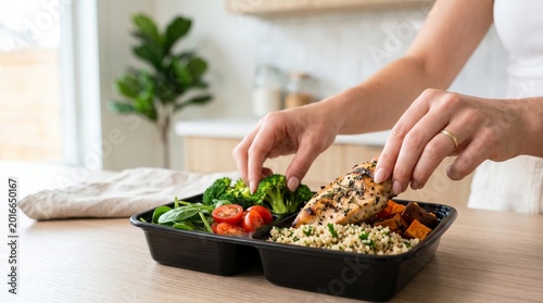 Woman preparing a healthy meal prep container with grilled chicken breast and fresh vegetables in a bright kitchen