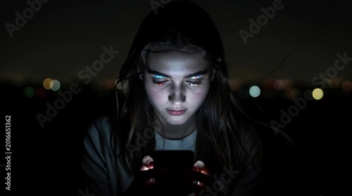 Young person at night using smartphone interacting on social media in dark digital environment