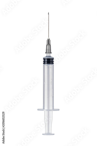 A meticulously clean and sterile clear plastic medical syringe featuring a sharp stainless steel needle, essential for precise injections, vaccinations, and critical pharmaceutical applications 