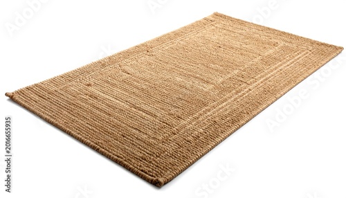 Beige rectangular rug, woven from natural fibers, lies diagonally against white background