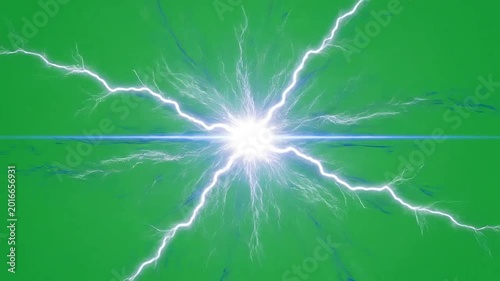 A bright electrical discharge radiates outward against a solid green background