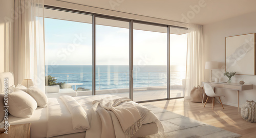 Bedroom with ocean view and large windows.