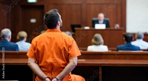 A man in an orange jumpsuit and handcuffs sits with his back to the viewer in a formal courtroom, looking towards the judge.