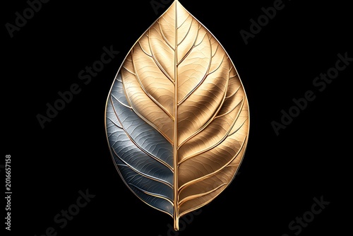 Elegant Gold and Silver Leaf with Detailed Veins on Black Background for Decor and Nature Inspiration