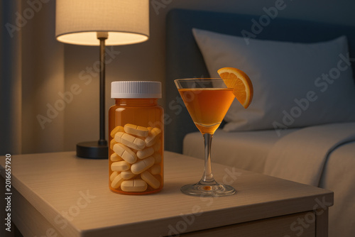 Prescription bottle of pills beside cocktail on nightstand shows lifestyle risk scenario in modern bedroom, suggesting somber feeling of addiction and danger