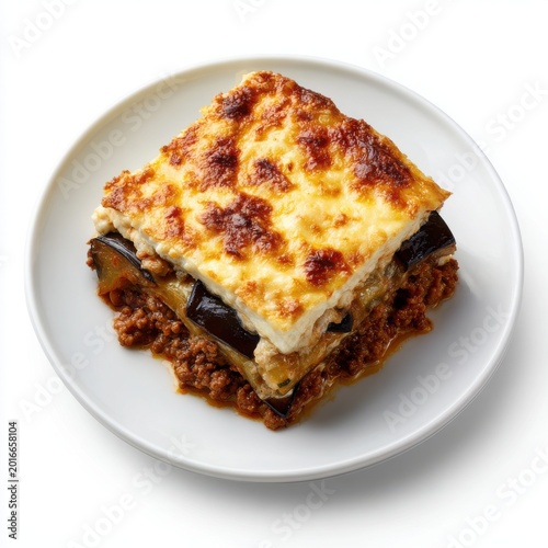 Greek moussaka with layers of eggplant minced isolated on a white background
