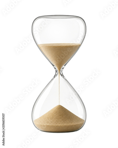 Фотография Elegant glass hourglass with flowing sand isolated on white background, symbolizing time management, countdown, patience, urgency, productivity, and the passage of time