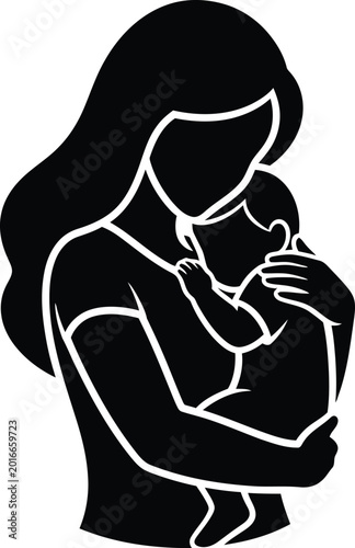 Black silhouette of mother holding baby