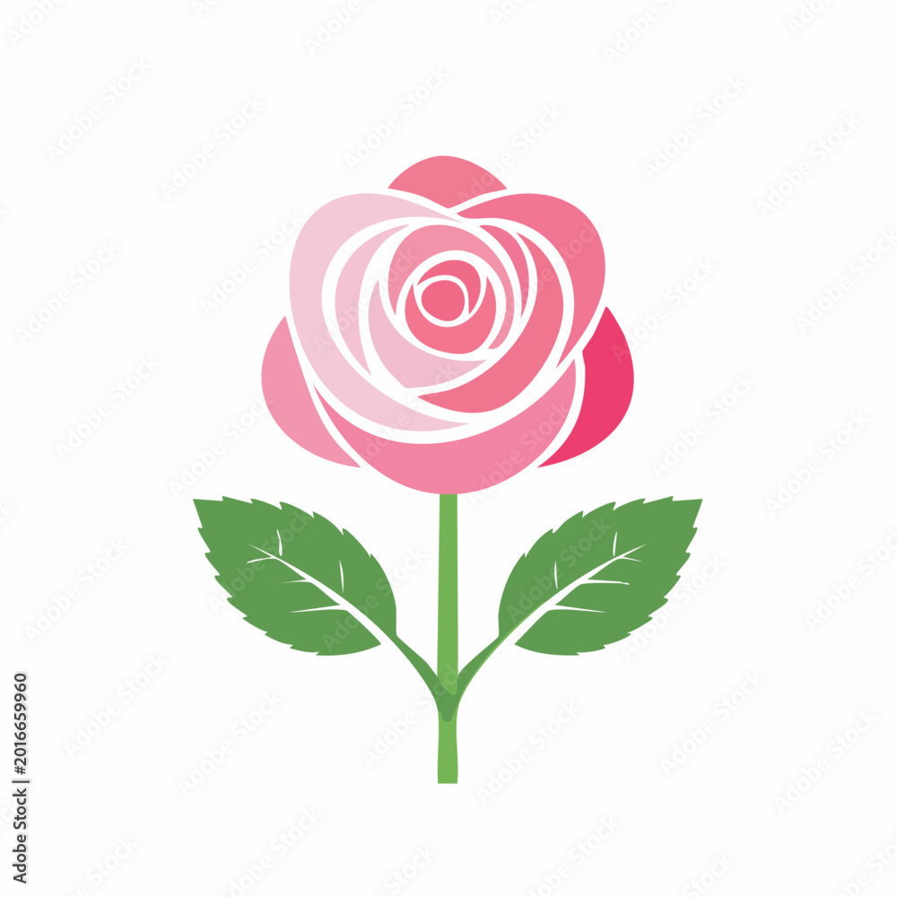 Fototapeta premium Stylized Pink Rose with Green Leaves