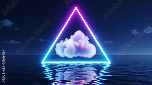Neon triangle with cloud floating on water surface at night