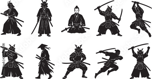 Schilderij op canvas Samurai Warrior Katana Poses Silhouette Vector Icon Set.