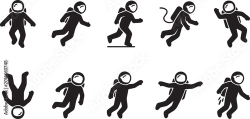 Vászonkép Astronaut Zero Gravity Space Walk Silhouette Vector Icon Set.