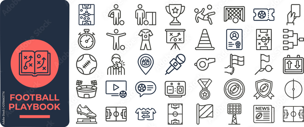 Fototapeta premium Football Playbook and Sport Strategy outline icon set. Featuring trophy, whistle, field, helmet, and coach symbols. Editable stroke vector icons for sport league and game tactic.